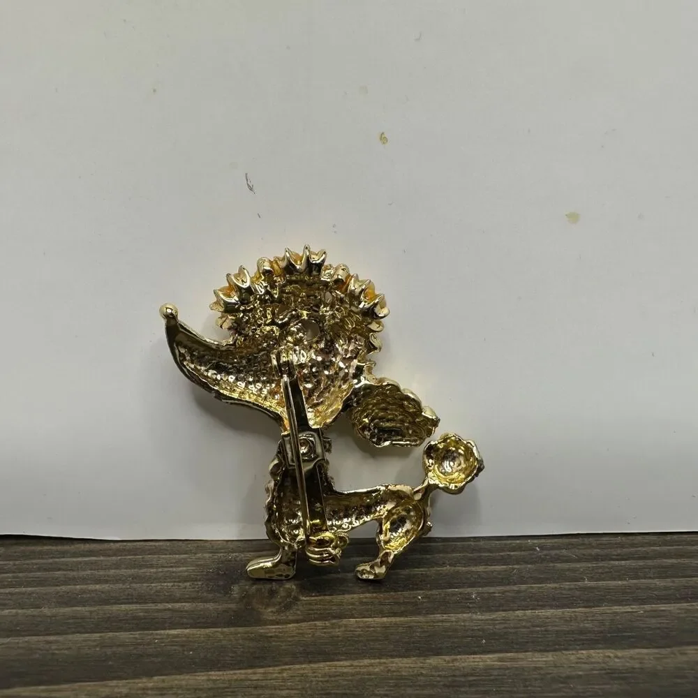 Vintage French Poodle Brooch Pin Gold Tone Faux Pearls‎ Red Rhinestone Dog